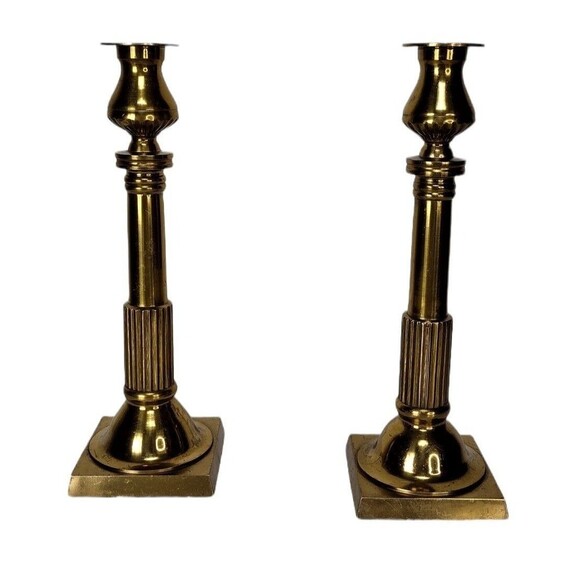 Vintage 60s 70s MCM Heavy Solid Brass Gold Tapered Candle Holders Made In Japan - Picture 9 of 12